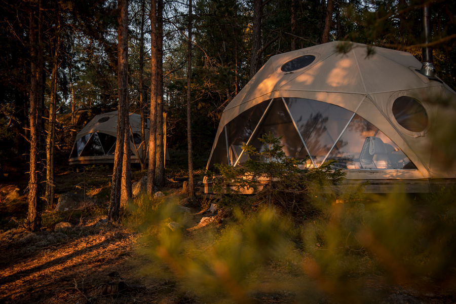 Island Lodge, kupoler i tallskogen i kvällsljus